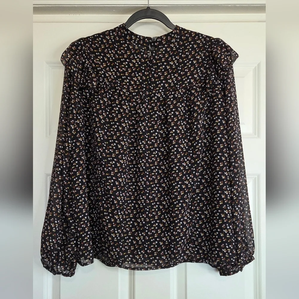 Madewell Black Ditsy Floral Georgette Mockneck Ruffle-Yoke Blouse - Size XXL